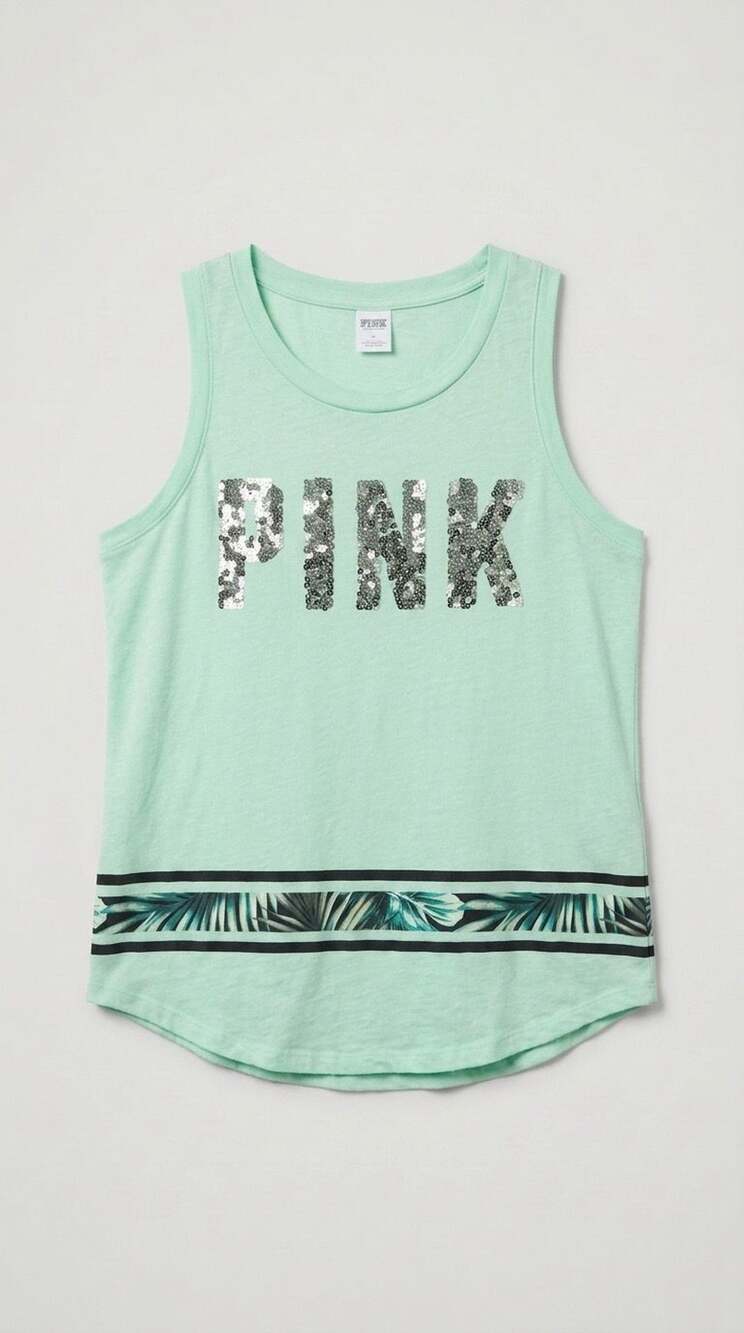 PINK Victoria's Secret Mint Green Tropical Bling Tank Top Small